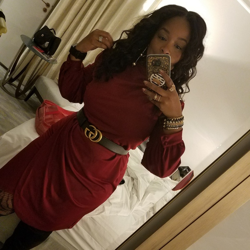 Mock turtle neck faux wrap dress